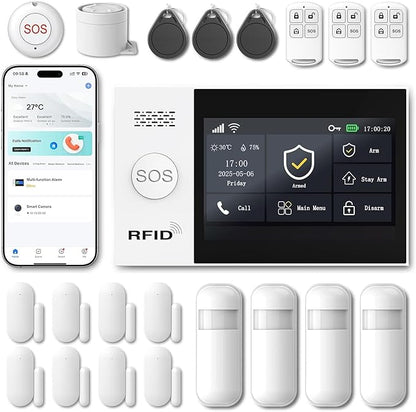 WiFi Wireless Alarm System for Home Security - 24/7 Protection Smart Home Devices 4.3" Touch Screen, GSM/4G+WiFi, App Instant Alerts, No Monthly Fee, Alexa Compatible for Villa, Kids Safety (21pcs)