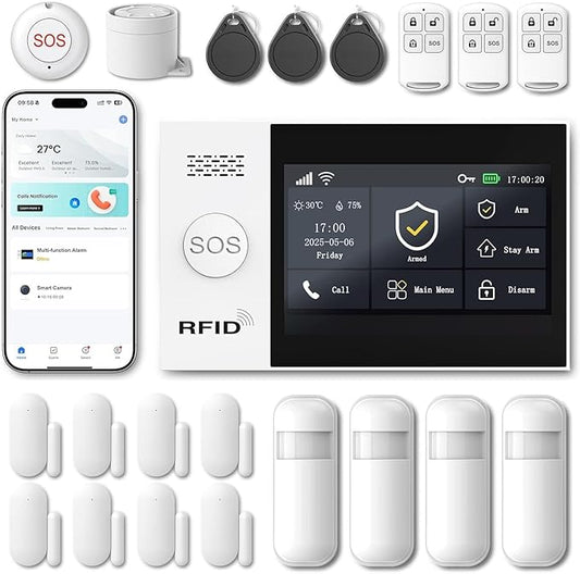 WiFi Wireless Alarm System for Home Security - 24/7 Protection Smart Home Devices 4.3" Touch Screen, GSM/4G+WiFi, App Instant Alerts, No Monthly Fee, Alexa Compatible for Villa, Kids Safety (21pcs)