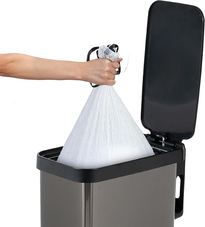 Glad Stainless Steel Slim Trash Can with Clorox Odor Protection - Narrow Kitchen Garbage Bin with Soft Close Lid, Step On Foot Pedal and Waste Bag Roll Holder, Pewter, 12 Gallon/45 Liter