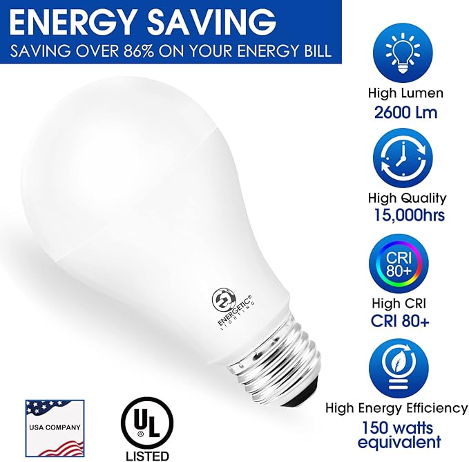 ENERGETIC SMARTER LIGHTING A21 LED Bulb Dimmable, 2600LM Super Bright Light Bulbs, 20W=150W, Cool White 4000K, UL Listed, E26 Base, Damp Rated, 2 Pack