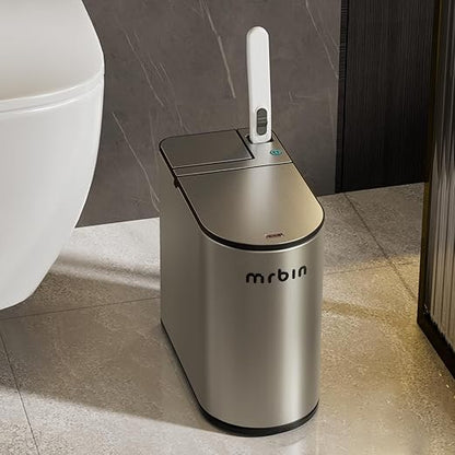 MRBIN Motion Sensor Bathroom Trash Can and Disposable Toilet Brush Holder Set, 1.8 Gallon Slim Stainless Steel Small Garbage Pail, Toilet Smart Waste Basket with Lid and Odor Filter, Eclipse Grey