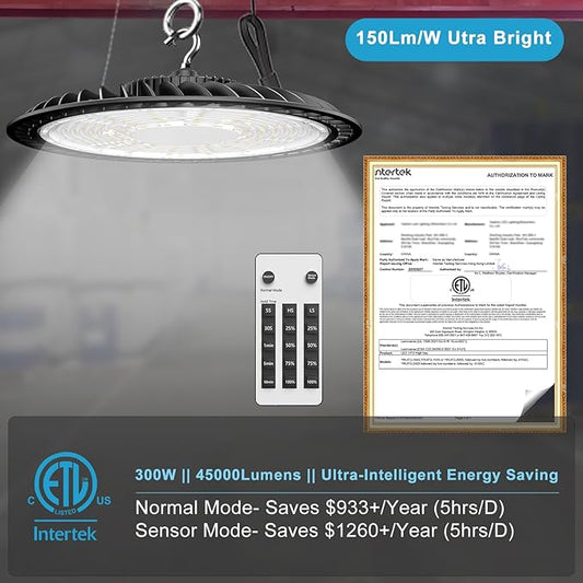 Smart 300W LED High Bay Light 45000LM 5000K UFO High Bay Lighting Motion Activated High Bay LED Lights AC100-277V Plug UFO Lights (Remote Included)- 4Pack