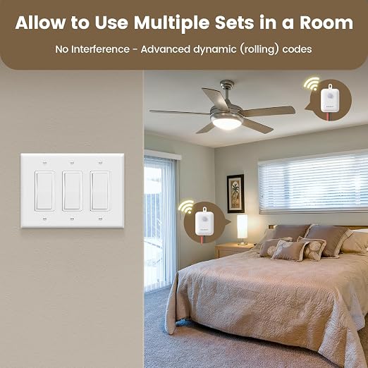 SURAIELEC Wireless Light Switch Receiver Kit, No Neutral Wire for Old Homes | Upgraded Antenna for Metal Box Signal Boost, 100FT Interference-Free Range, 2A 100W LED Decorator Rocker Remote Wall Switch