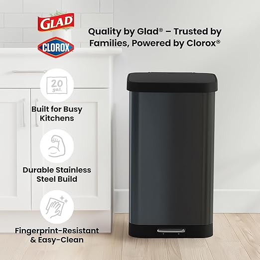 Glad Stainless Steel Step Trash Can, Large Metal Kitchen Garbage Bin with Soft Close Lid, 20 Gallon, Pewter - Indoor & Outdoor Waste Container with Odor Protection and Bag Roll Holder
