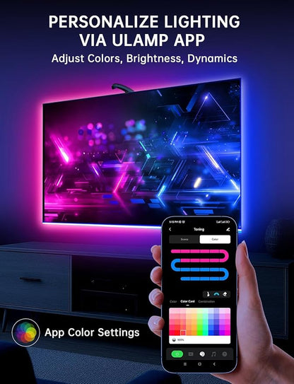 TV Backlight Sync to Screen with Sensor, 18ft RGB LED Light Strip for 75-85” Monitor, Smart App Control, Game & Music Sync Color Lighting