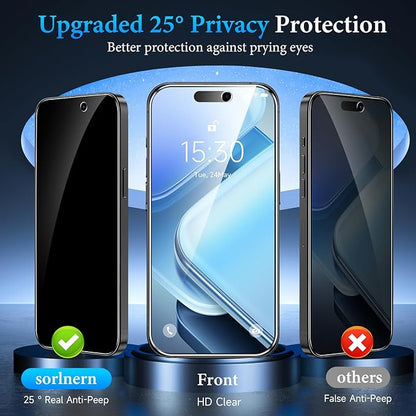 (3 Pack) sorlnern Privacy Screen Protector Tempered Glass Compatible for iPhone 16 Pro - Shatterproof/Anti-Scratch/Anti-Spy/Durable/Touch-Sensitive/Fingerprint Resistant/Case-Friendly/Bubble-Free (Not Compatible for iPhone 16 Pro Max)
