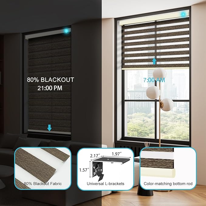Motorized Zebra Blinds with Remote, Work with HomeKit Alexa, Smart Light Filtering Horizontal Automatic Electric Window Shades for Home Office Customsize(80% Blackout Oceanwave Brown)