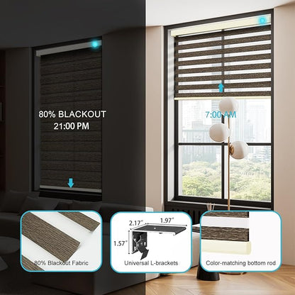 Motorized Zebra Blinds with Remote, Work with HomeKit Alexa, Smart Light Filtering Horizontal Automatic Electric Window Shades for Home Office Customsize(80% Blackout Oceanwave Brown)