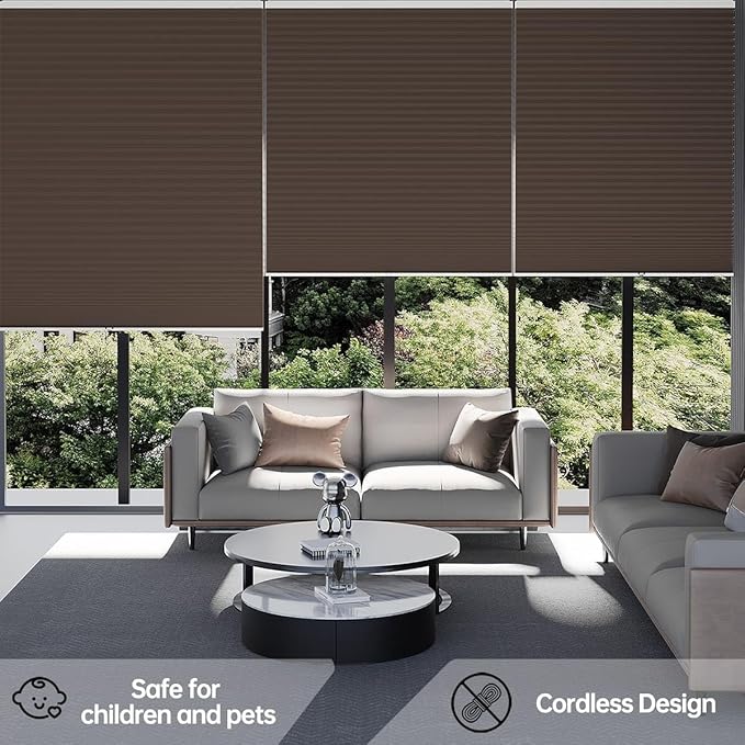 Cellular Shades Blackout Honeycomb Blinds for Indoor Windows, Cordless Cellular Shades 1.5 inch Cell Pleated for Bedroom Home Office, Custom Size, Blackout Brown