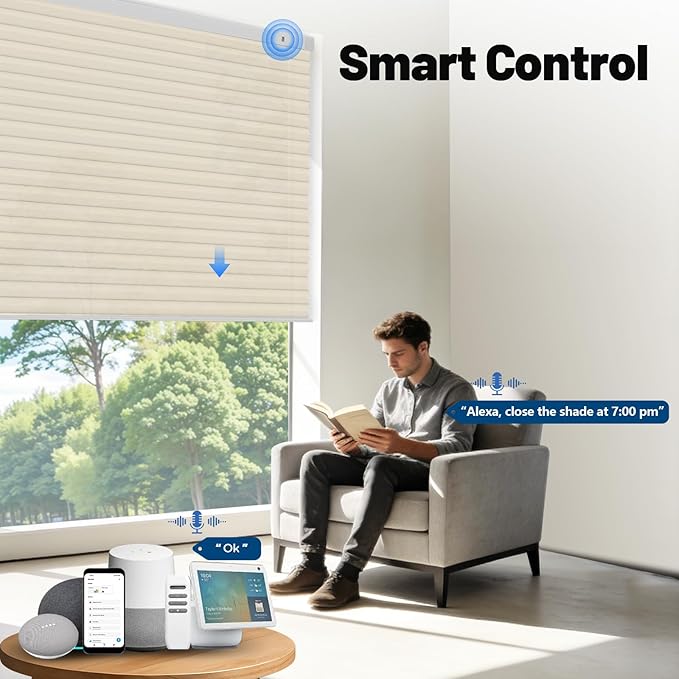 Motorized Cellular Shades with Remote, Smart Cellular Shades Compatible with Apple HomeKit, Alexa & Google Home, Honeycomb Window Blinds for Indoor Windows, Light Filtering Soft Pearl
