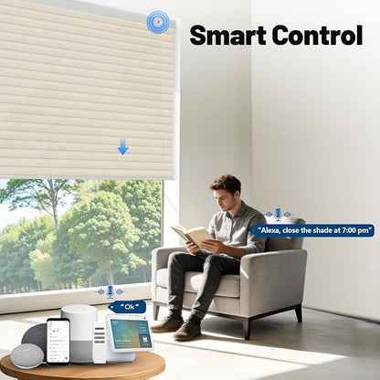 Motorized Cellular Shades with Remote, Smart Cellular Shades Compatible with Apple HomeKit, Alexa & Google Home, Honeycomb Window Blinds for Indoor Windows, Light Filtering Soft Pearl
