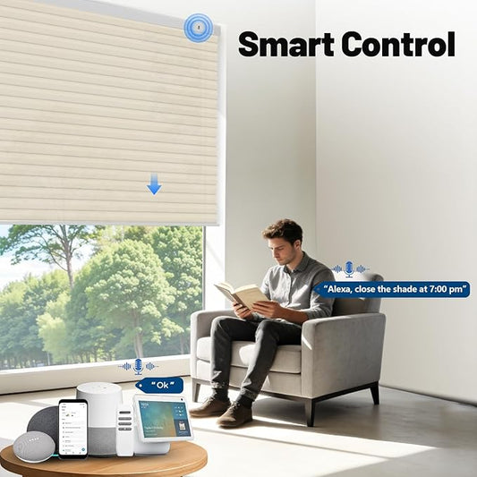 Motorized Cellular Shades with Remote, Smart Cellular Shades Compatible with Apple HomeKit, Alexa & Google Home, Honeycomb Window Blinds for Indoor Windows, Light Filtering Soft Pearl