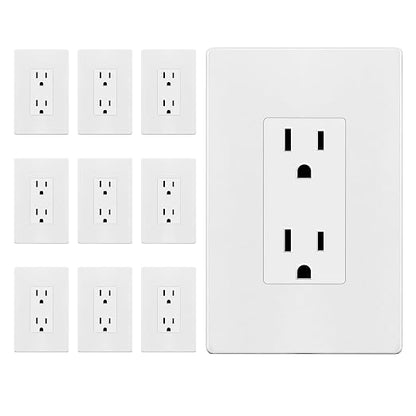ENERLITES 10 Pack Decorator Outlet 15A Receptacle with Screwless Wall Plate | Self-Grounding, UL Listed, Standard Residential Electrical Outlets for Home, Non-Tamper Resistant, 5-15R, 125V, Matte White