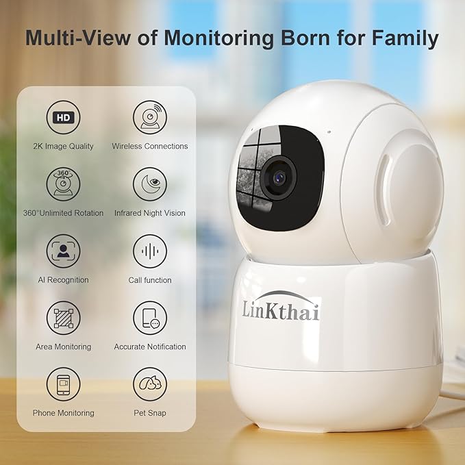 Camera for Home Security, 2K Pet Camera with Speaker,Indoor Camera Wireless with Phone App, Auto Tracking/Super Night Vision, Cloud/SD Card Storage, 2.4 GHz, White