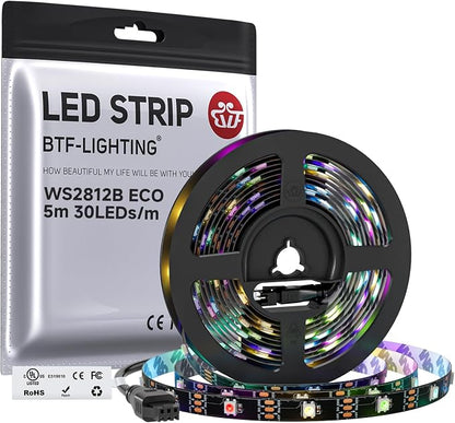 BTF-LIGHTING WS2812B ECO RGB LED Strip,UL Listed,Individually Addressable,16.4FT 30LED/m 150Pixel DC5V 5050SMD,Alloy Wire Flexible 3M Tape for DIY Chasing Color Project IP30(No Adapter or Controller)