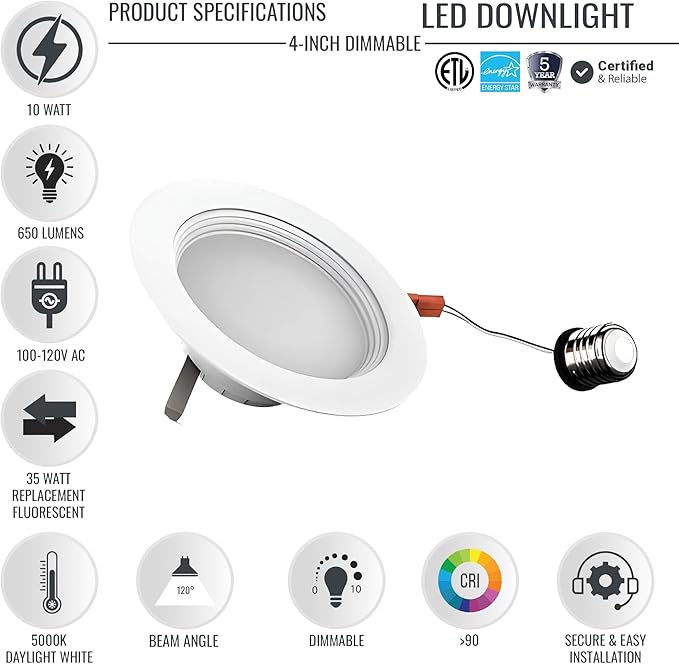 LEDMyplace Pack of 4 Recessed Lighting - 10W Round Dimmable LED Can Lights, 650 Lumens, 5000K Daylight - Baffle Trim Recessed Downlight, Energy-Efficient LED Fixture for Home, Office, and Bedrooms