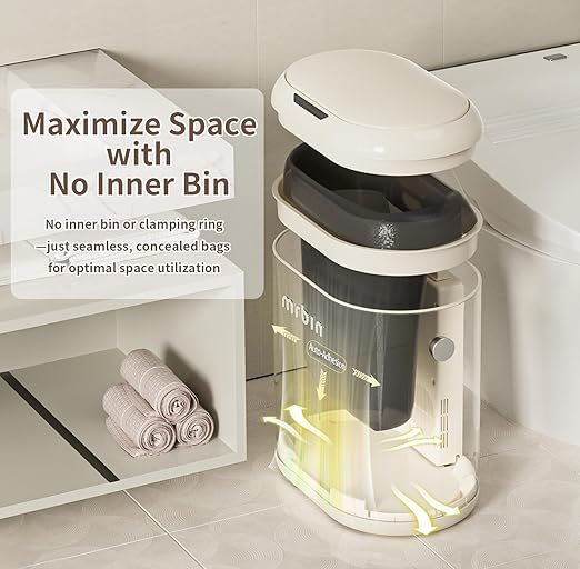 MRBIN Automatic Adsorption Metal Trash Can for Bathroom, Touchless Garbage Bin with Lid, 3.2 Gallon Slim Trash Can for Office and Bedroom, Electric Motion Sensor Waste Basket, Cream White