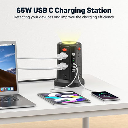 PASSUS Surge Protector Power Strip with PD 65W USB C Port, USB C Fast Desktop Charging Station with 12 Widely Spaced AC Outlets|4 USB C|1 USB A|Night Light, 10FT Extension Cord for Home Office Dorm