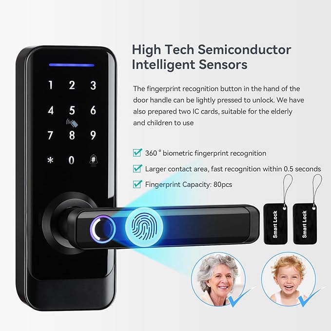 Smart Front Door Lock with Lever Handle, Keyless Entry Keypad Fingerprint Deadbolt, APP Control Biometric Electronic Digital Touchscreen Knob Set