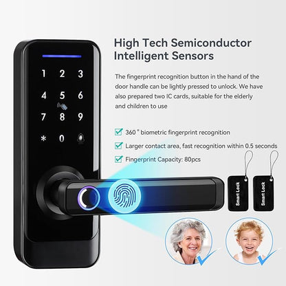 Smart Front Door Lock with Lever Handle, Keyless Entry Keypad Fingerprint Deadbolt, APP Control Biometric Electronic Digital Touchscreen Knob Set