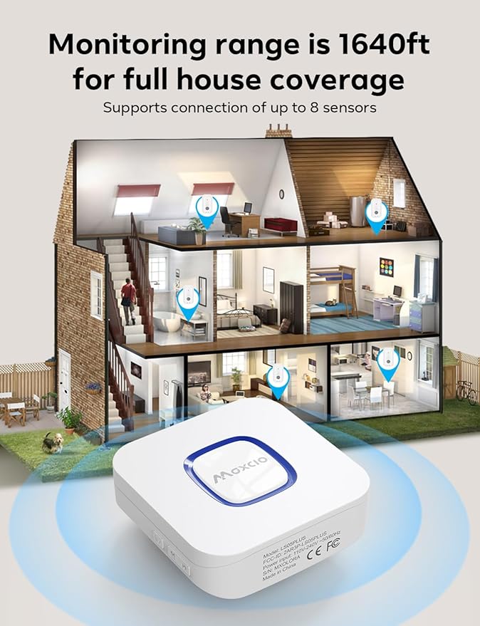 MAXCIO Wi-Fi Water Leak Detector 4 Pack, Smart Water Wireless Sensor with 110dB Adjustable Alarm, APP, SMS, Phone Notifications, 1640ft Transmission Range, Suitable for Basement, Bathroom, and Kitchen