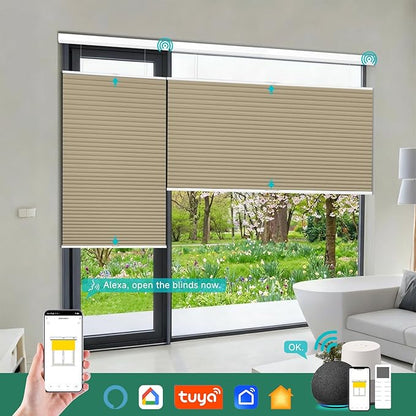 Motorized Top Down Bottom Up Cellular Shades with Remote, Custom Cordless Smart Honeycomb Blinds, Automatic Electric Blackout Window Blinds Work with Alexa Google for Home Office, Light Brown