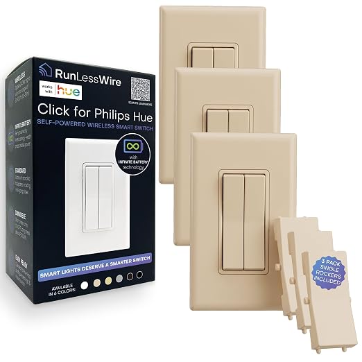 RunLessWire Click for Hue Battery-Free Wireless Switch 3 Pack Light Almond | Dimmable Kinetic Switch Pairs Natively to Philips Hue Bridge, 4 Programmable Buttons to Control Scenes & Areas, 100ft Range