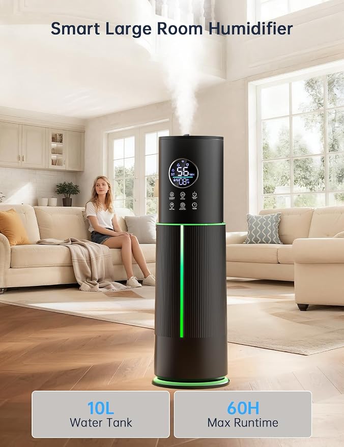 10L/2.64 Gal Humidifier for Large Room 600ft² 60H Runtime 24H Timer Auto Mode APP & Remote Control Top Fill Diffuser Aromatherapy 7 Color Lights Cool Mist Humidifier for Bedroom Home Office Plant