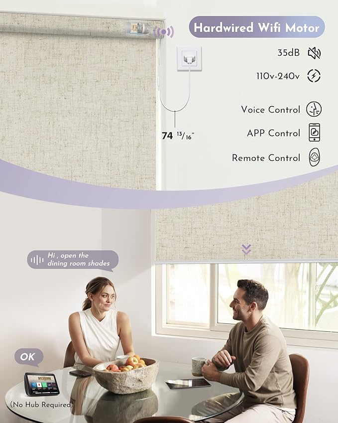 Graywind Motorized Shades 100% Blackout Work with Alexa Google WiFi Hardwired Smart Roller Shade Remote Control Automated Window Blinds with Valance, Customized Size (B-Linen Beige)