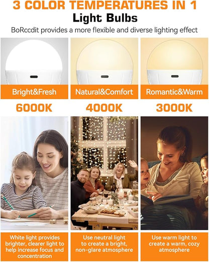 BoRccdit CordlessGlow 15W A19 Rechargeable Light Bulbs with Remote, 3 Color Temperatures + Dimmable Battery Operated Light Bulb, up to 24 Hours,6pk