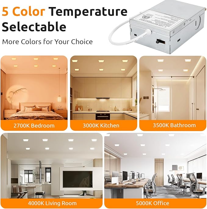HONZIN 1 Pack 6 Inch Square LED Recessed Lighting, 5CCT Ultra-Thin LED Ceiling Lights, 2700K/3000K/3500K/4000K/5000K Selectable, 13W, IC Rated, Dimmable White Square Trim with Junction Box