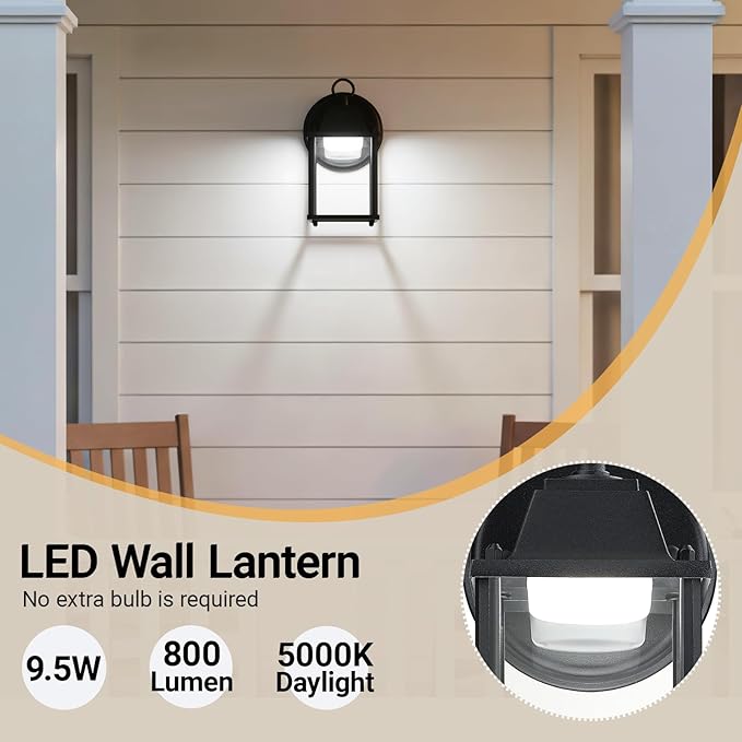 LIT-PaTH Outdoor LED Wall Lantern, Wall Sconce as Porch Lighting Fixture, 5000K Daylight White, 9.5W 800 Lumen, Aluminum Housing Plus Glass, Black Finish, 1-Pack