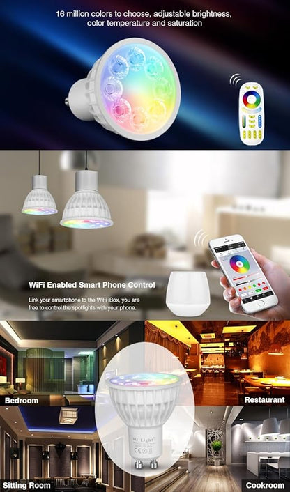 Pack Of 2 LGIDTECH 4W GU10 Led 2.4GHz Spotlight Bulb RGB+CCT Color Changing And CCT WW CW Temperature Adjustable Must Work With Milight Remote,B4 T4 Panel Or Smartphone Control Via Gateway Hub WL-Box2