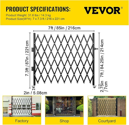 VEVOR Single Folding Security Gate, 7 ft H x 7 ft W Folding Door Gate, Steel Accordion Security Gate, Flexible Expanding Security Gate, 360° Rolling Barricade Gate, Scissor Gate/Door with Padlock