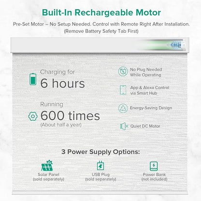 Motorized Roller Shades, 10O% Blackout Remote Control Custom Window Shades Compatible with Alexa Google Assistant via RF Hub, Rechargeable Electric Blinds for Windows (Texture White)