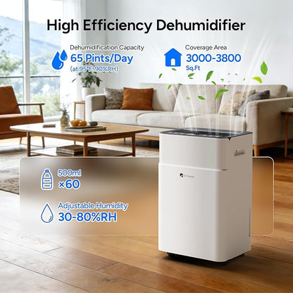 DR.PREPARE 3000-3800 Sq.Ft Dehumidifier for Home with Drain Hose, Smart APP Control, 65 Pints/Day Dehumidifier for Basement, Bedroom, Bathroom, Garage, Large Room, Dry Clothes, 3 Modes, 24H Timer