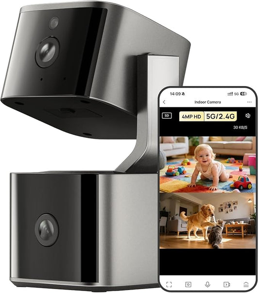 Dual Lens Security Indoor Camera 5G/2.4G WiFi, 2K+2K Pet Smart Camera with Pan Tilt for Home, Baby Monitor, AI Tracking, Motion Detection, Color Night Vision, 2-Way Talk, No Dead Zone, 355° View