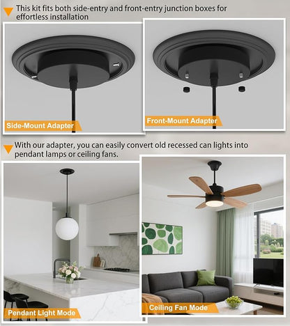 Recessed to Pendant Light Converter Kit - 6 Inch Can Light Conversion, Includes E26 Socket, Mounting Bracket, Round Ceiling Plate & 3D Black Cover