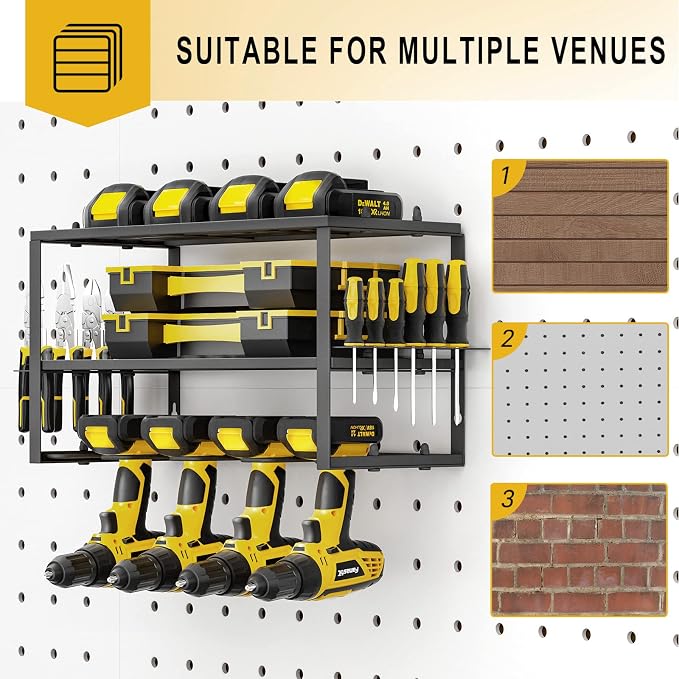 SPACECARE Power Tool Organizer- 2 Pack 3 Layers Rack for 8 Drill Holders | Heavy Duty Tool Shelf Durable Wall Mount Tool Storage Rack for Work Shop, Garage Organization, 150Lbs Load Capacity, Black