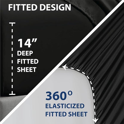 Swift Home Smart Sheets, Ultra Soft Brushed Microfiber 4-Piece Sheet Set, Fitted Bed Sheet with Side Storage Pockets – Black, Full