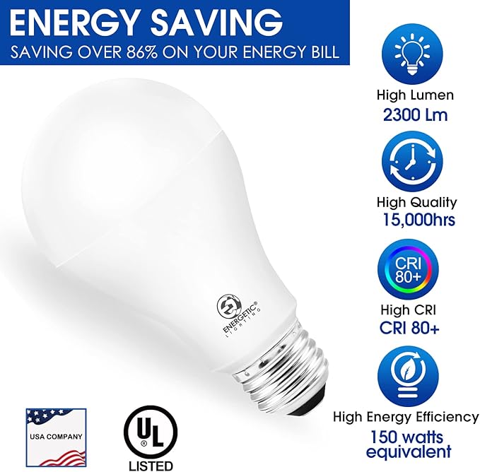 ENERGETIC SMARTER LIGHTING Dimmable A21 LED Bulb, 150 Watt Equivalent, 2600LM Super Bright Light Bulbs, Soft White 2700K, E26 Standard Base, UL Listed, Damp Rated, 4 Pack