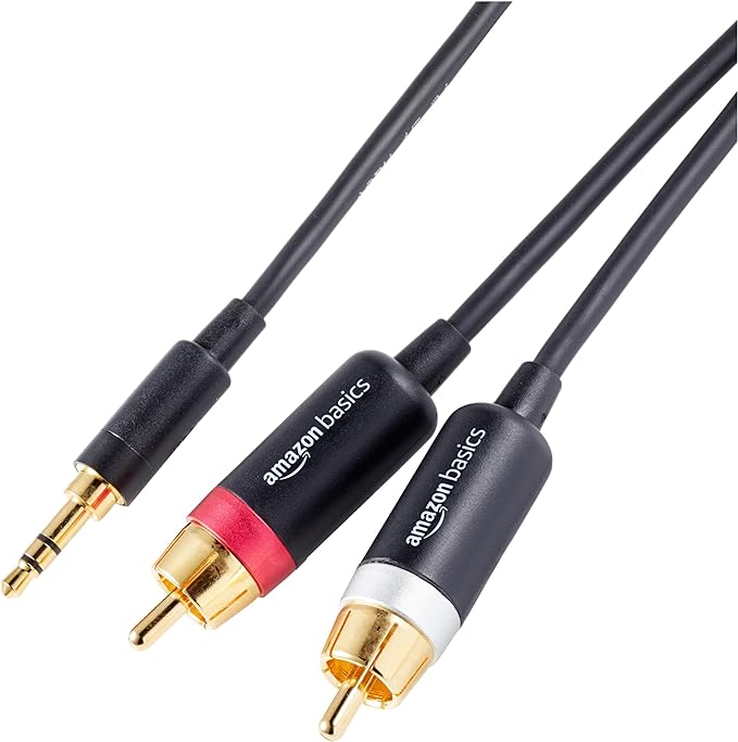 Amazon Basics 3.5mm Aux to 2 RCA Audio Cable for Amplifiers, Active Speakers, Smartphones, Tablet with Gold-Plated Plugs, Stereo Audio, 15 Feet/4.6 m, Black