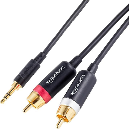 Amazon Basics 3.5mm Aux to 2 RCA Audio Cable for Amplifiers, Active Speakers, Smartphones, Tablet with Gold-Plated Plugs, Stereo Audio, 15 Feet/4.6 m, Black