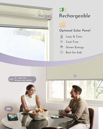 Graywind Smart Blackout Roller Shades for Alexa Google Textured Gleaming Fabric Rechargeable Motorized Blinds Cordless Remote Control Window Shades, Custom Size (Striped Beige) (GW-QZYM-TH00)