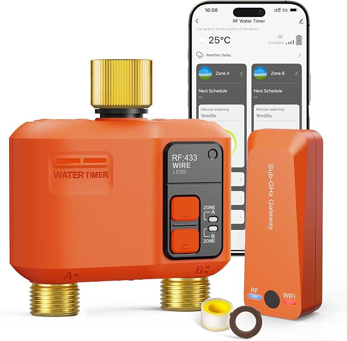 WiFi Sprinkler Timer 2 Zone, Smart Water Timer with Brass Inlet & Outlet