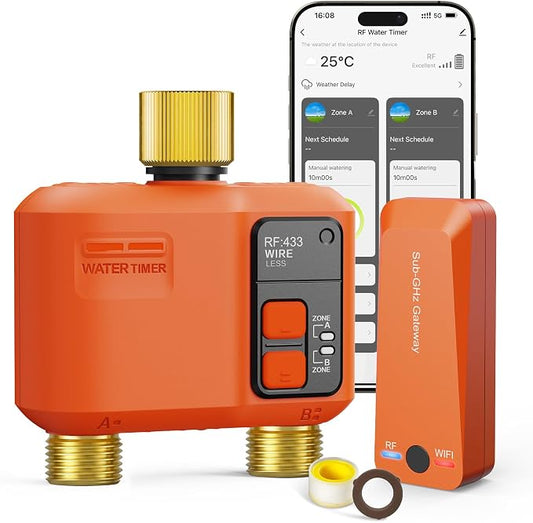 WiFi Sprinkler Timer 2 Zone, Smart Water Timer with Brass Inlet & Outlet