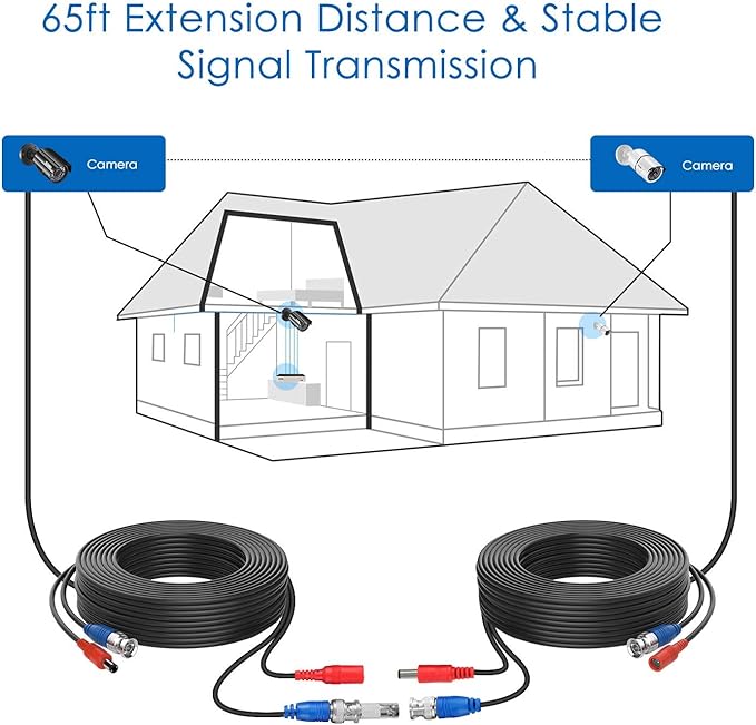 ZOSI 2 Pack 60ft (18 Meters) Security Camera Cable All-in-One BNC Video Power Cables,BNC Extension Wire Cord for CCTV Camera DVR Security System,White(Included 2X BNC Connectors and 2X RCA Adapters)