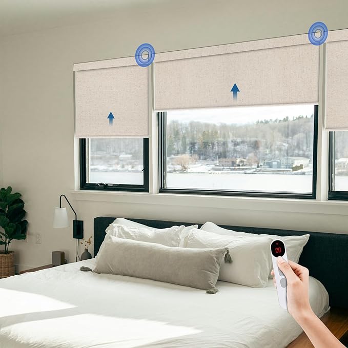 Motorized Blinds for Windows - Hapadif Roller Window Shades with Remote, No-Drill Installation, Cordless Automatic Blackout Electric Blinds, Adjustable Height, Easy to Use (Linen, 32 x 72)
