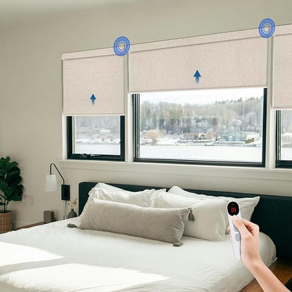 Motorized Blinds for Windows - Hapadif Roller Window Shades with Remote, No-Drill Installation, Cordless Automatic Blackout Electric Blinds, Adjustable Height, Easy to Use (Linen, 32 x 72)