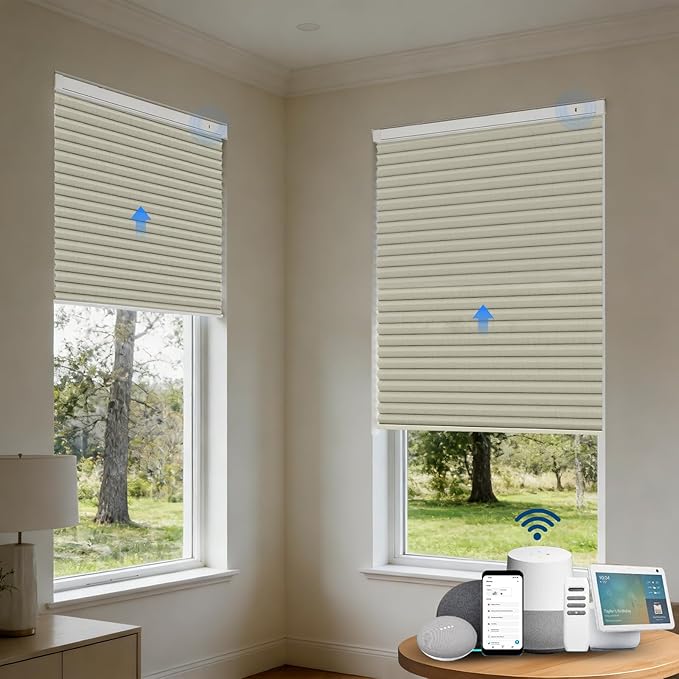 Motorized Cellular Shades with Remote, Smart Cellular Shades Compatible with Apple HomeKit, Alexa & Google Home, Cordless Honeycomb Window Blinds for Indoor Windows, Blackout Beige Linen